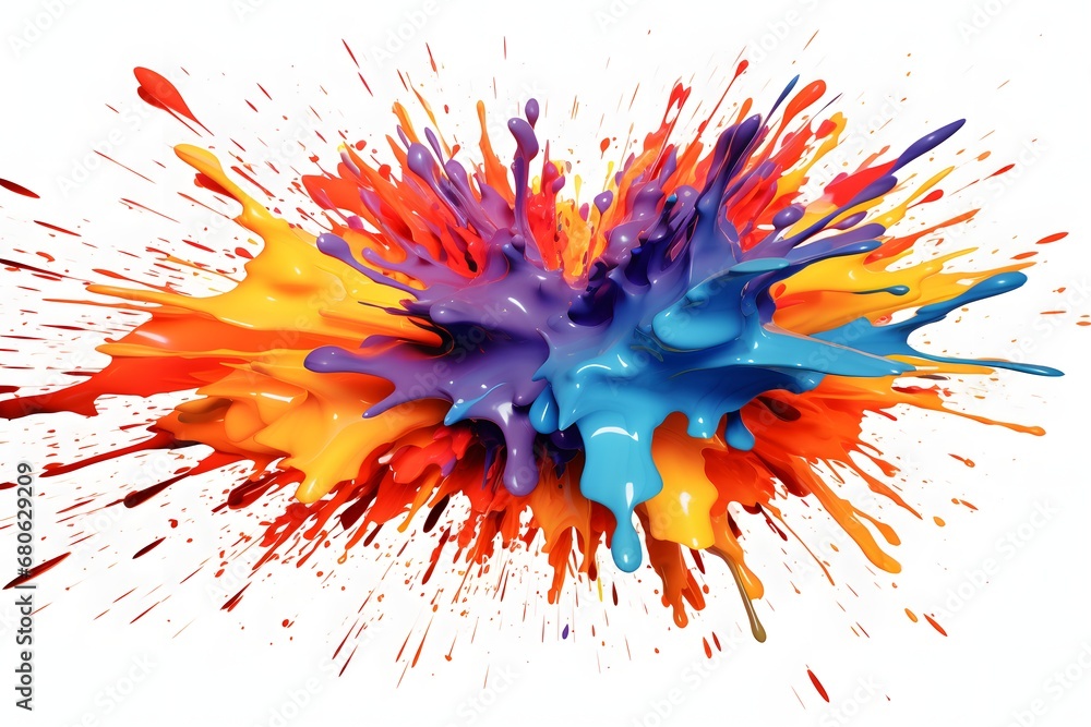 Poster a close up of colorful paint splatters on a white surface generative ai