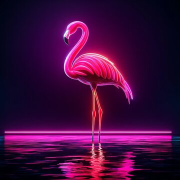 Graceful Neon Flamingo in Vibrant Pink Against Dark Water