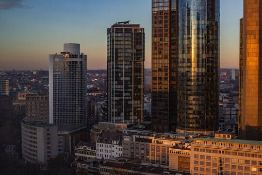 Photos from and in the skyline of Frankfurt.  Beautiful modern high-rise buildings in the glow of the sunset.  Sunset over Germany