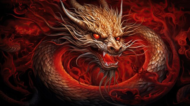 Illustration of a fantasy chinese dragon with red color theme