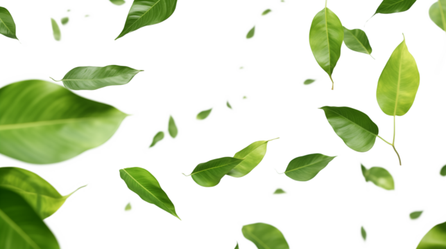 Green Floating Leaves Flying Leaves Green Leaf Dancing isolated on transparent background. Flying whirl green leaves in the air, Healthy products by organic natural ingredients concept