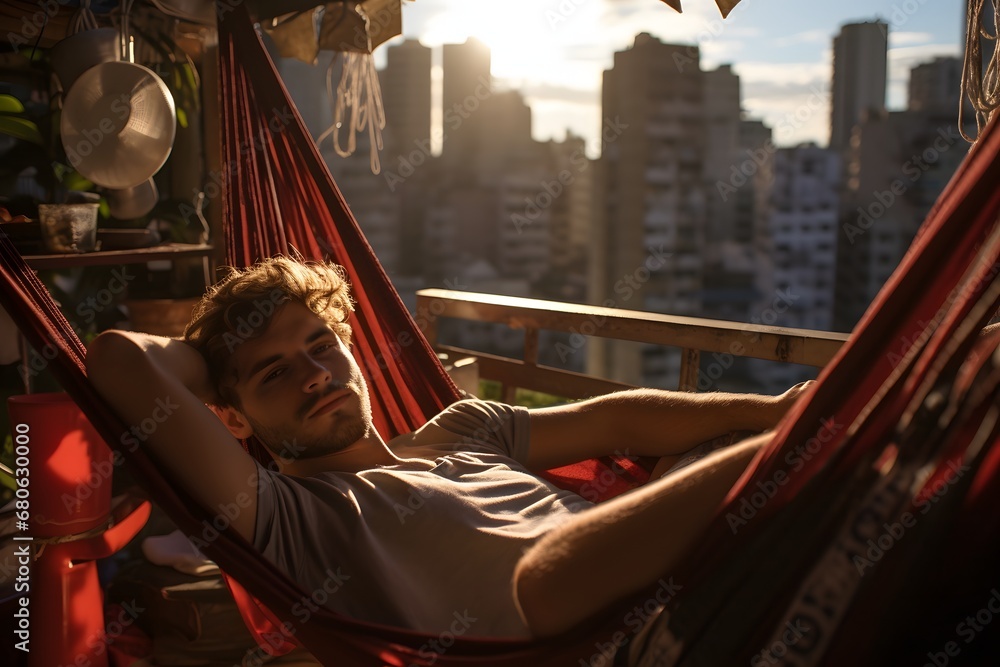 Poster a man laying in a hammock on a balcony generative ai