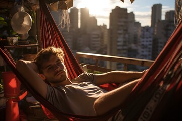 a man laying in a hammock on a balcony Generative AI