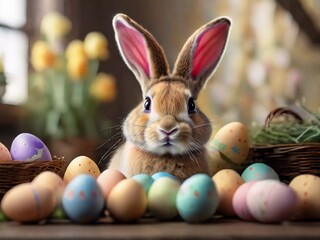 Fototapeta na wymiar Whimsical Easter Wonderland: Join the Happy Bunny's Easter Adventures!