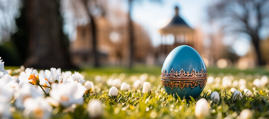 Banner with an Easter egg on a green lawn near the house, an idea for a postcard for Easter holidays