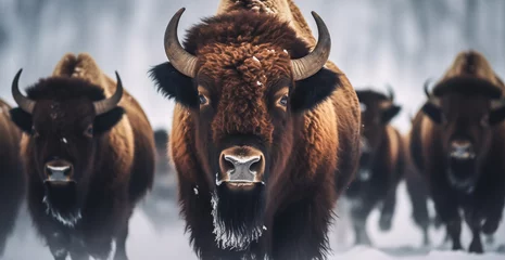 Poster de jardin Buffle Buffalo herd in winter. American Bison walking out in the snow. 