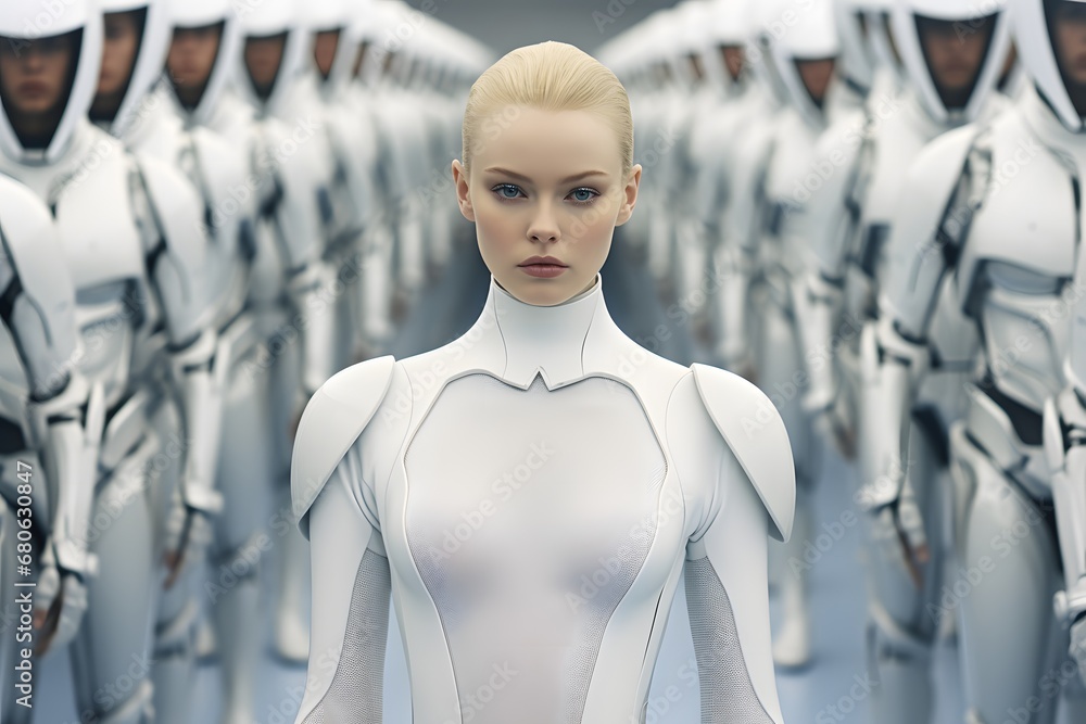 Aufkleber a woman standing in front of a group of robots generative ai