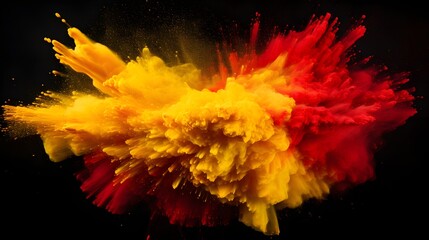 a red and yellow explosion of powder on a black background Generative AI - obrazy, fototapety, plakaty