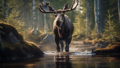 A Majestic Moose Wading Through a Serene Forest Stream