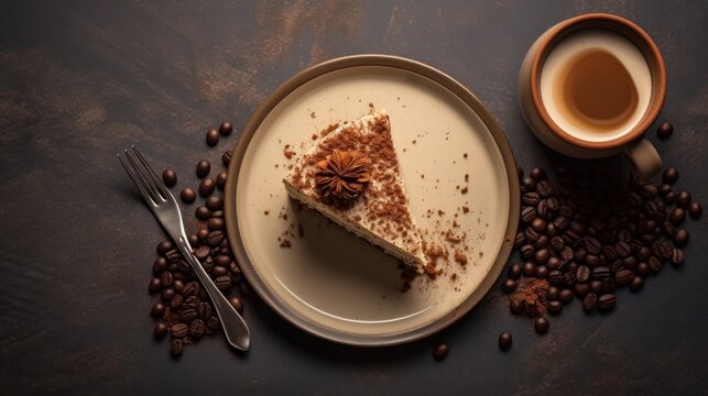  a piece of cake sitting on top of a plate next to a cup of coffee on top of a table next to a fork and a cup of coffee beans.