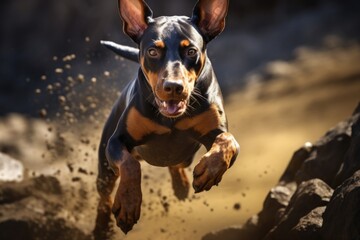 A black and brown dog is captured in mid-air as it jumps over rocks. This dynamic image can be used to depict energy, agility, and adventure.