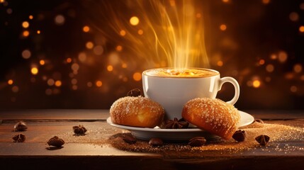  a cup of coffee and two donuts on a saucer with cinnamon sprinkles on a wooden table in front of a blurry background of lights. - obrazy, fototapety, plakaty