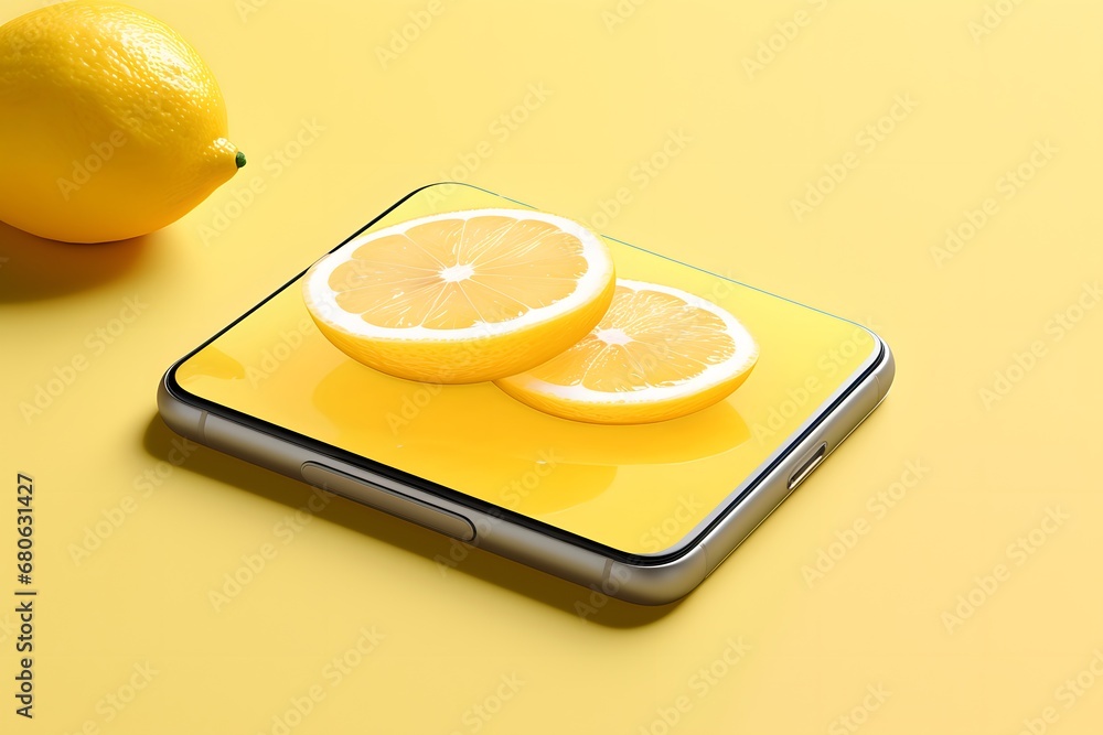 Poster a cell phone sitting on top of a table next to a lemon generative ai