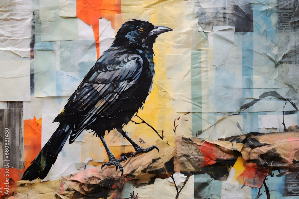 Poster a black bird sitting on top of a tree branch generative ai
