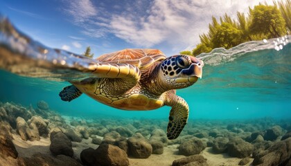Fototapeta premium A Majestic Green Sea Turtle Gliding Through the Crystal Clear Waters of the Ocean