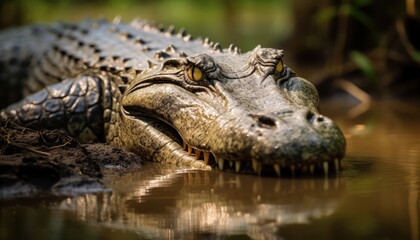 Fototapeta premium An Saltwater Crocodile's Intense Gaze Reflecting in the Water