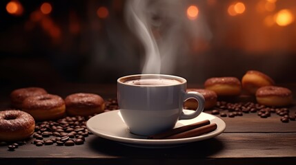 Fototapeta premium a cup of coffee sitting on top of a saucer next to a plate of doughnuts on a table with coffee beans and cinnamons in the background.