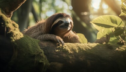 Fototapeta premium A Serene Sloth Perched on a Lush Forest Tree Branch