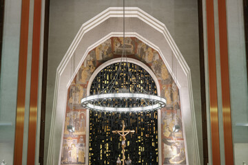 Art Deco interiors of Catholic minor basilica national shrine with massive dome and arch vaults,...