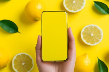 a person holding a yellow phone in front of lemons Generative AI