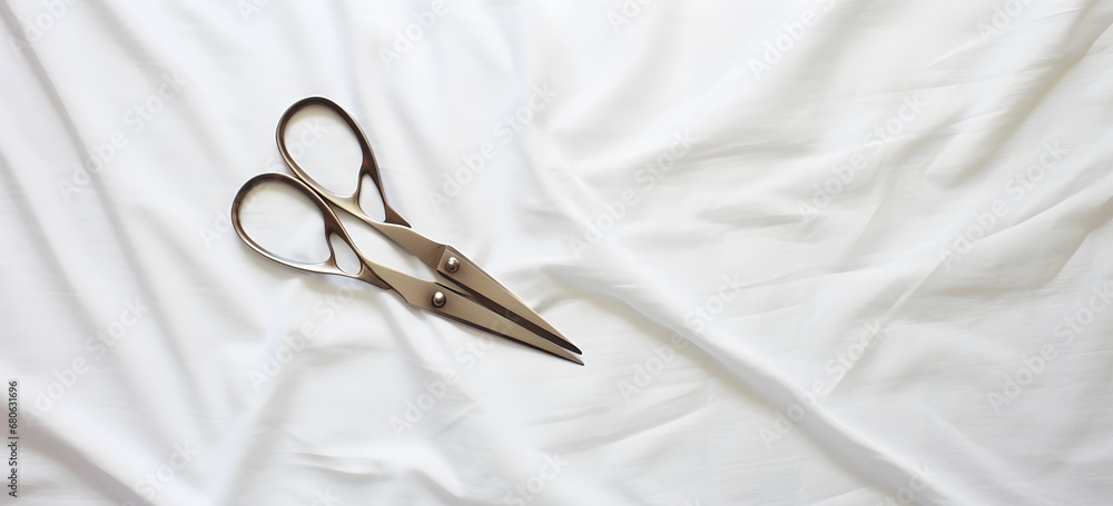 Poster a pair of scissors sitting on top of a white sheet generative ai