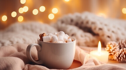 cup of coffee with candles on fluffy blanket in winter