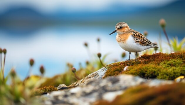 Tiny Spoon-billed Sandpiper Bird Perched on Lush Mossy Ground