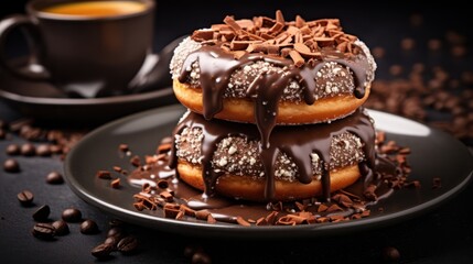  a couple of doughnuts sitting on top of a black plate next to a cup of coffee and some chocolate sprinkled on top of the doughnuts.