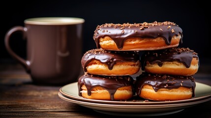  a stack of doughnuts sitting on top of a plate next to a cup of coffee on top of a wooden table next to a cup of a wooden table.