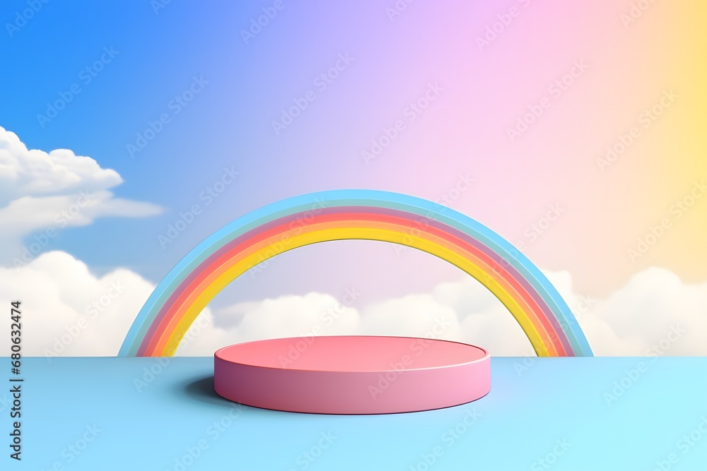 Poster a pink platform with a rainbow in the background generative ai