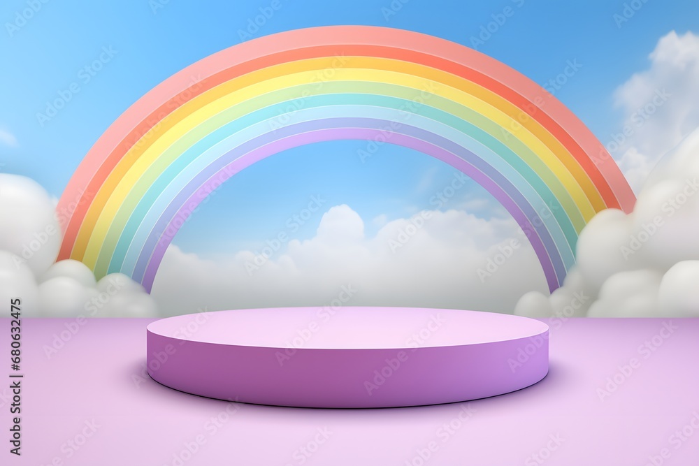 Poster a pink platform with a rainbow in the background generative ai