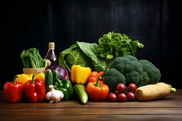 a group of vegetables sitting on top of a wooden table Generative AI