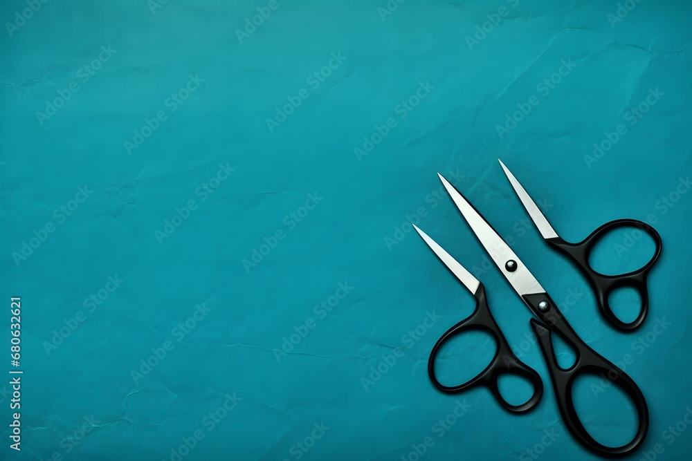 Poster a pair of scissors sitting on top of a blue surface generative ai