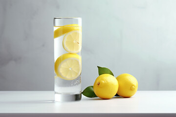 A glass of water and yellow lemon slices in the water and two lemons with green leaves on light background. Concept of Hydration and Wellness. Copy space