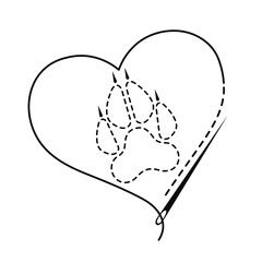 Silhouette of wolf paw and heart with interrupted contour. Vector illustration of handmade work with embroidery thread and sewing needle on white background.	