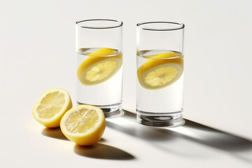 Two glasses of water and yellow lemon slices in the water on white background and contrasting shadows. Concept of Hydration and Wellness. Copy space