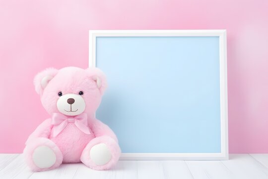 a pink teddy bear sitting next to a picture frame Generative AI