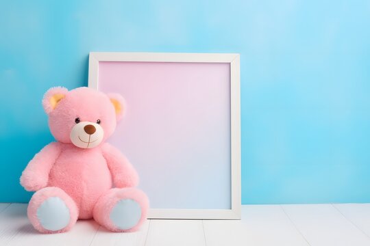 a pink teddy bear sitting next to a picture frame Generative AI