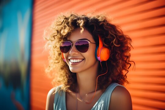 a beautiful young woman wearing sunglasses and headphones Generative AI