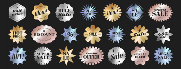 Metallic sunburst badges, price stickers different shapes. Starburst sale labels, promo tags or special offer design elements. Vector illustration set of discount emblem or stamp for retail sales.