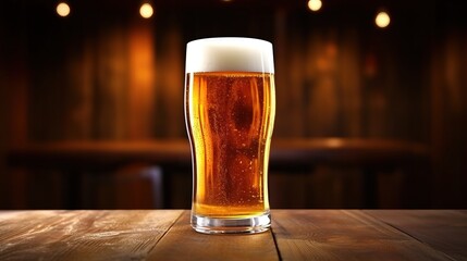 Glass of beer on wooden table