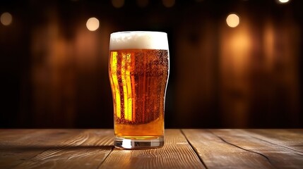 Glass of beer on wooden table - obrazy, fototapety, plakaty