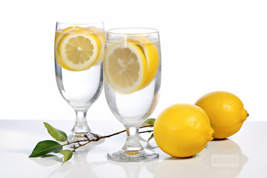 Two glasses of water and yellow lemon slices in the water on white background and two lemons on the white table. Idea of staying hydrated and maintaining a healthy lifestyle