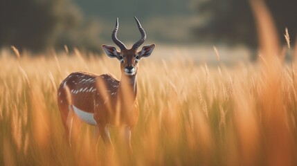 an antelope running through a field of tall grass.Generative AI