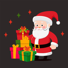 Vector christmas pattern with cartoon
santa claus in the red hat, stars, gifts 
 on a blue background. 2024 New Year's fashion
ornament for fabric, paper, textiles, children clothing, card.