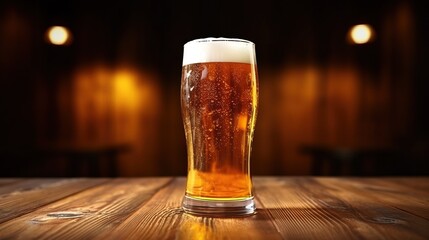 Glass of beer on wooden table