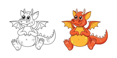 Cute Dragon Character, Cartoon Colorful and Outline Black and White Fantasy Animal. Adorable Symbol of New 2024 Year