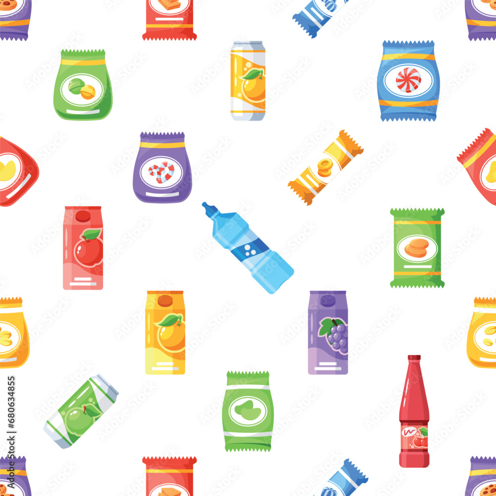 Fototapete seamless pattern featuring a colorful array of vending machine products, creating a playful and dyna