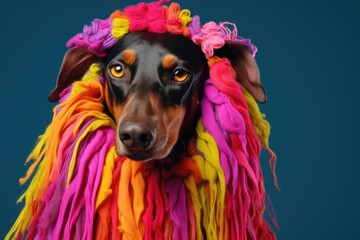 A dog adorned with a vibrant, multi-colored wig featuring delightful flower embellishments. Perfect for adding a touch of whimsy and fun to any project or design