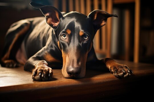 A picture of a black and brown dog resting on a wooden floor. This image can be used to depict a pet at home or in a cozy setting